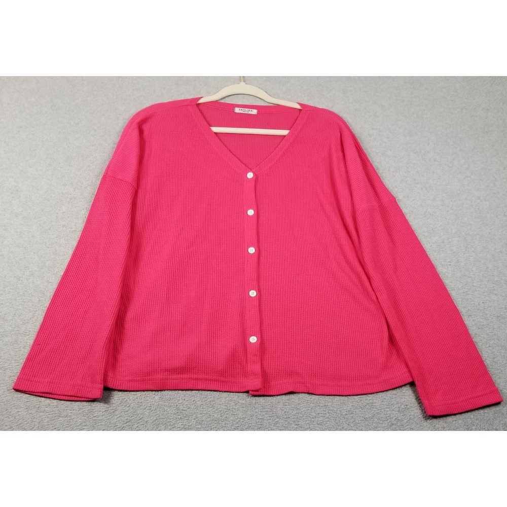 Ekouaer Top Womens L Large Pink Waffle Knit Button Up See Through Casual Stretch